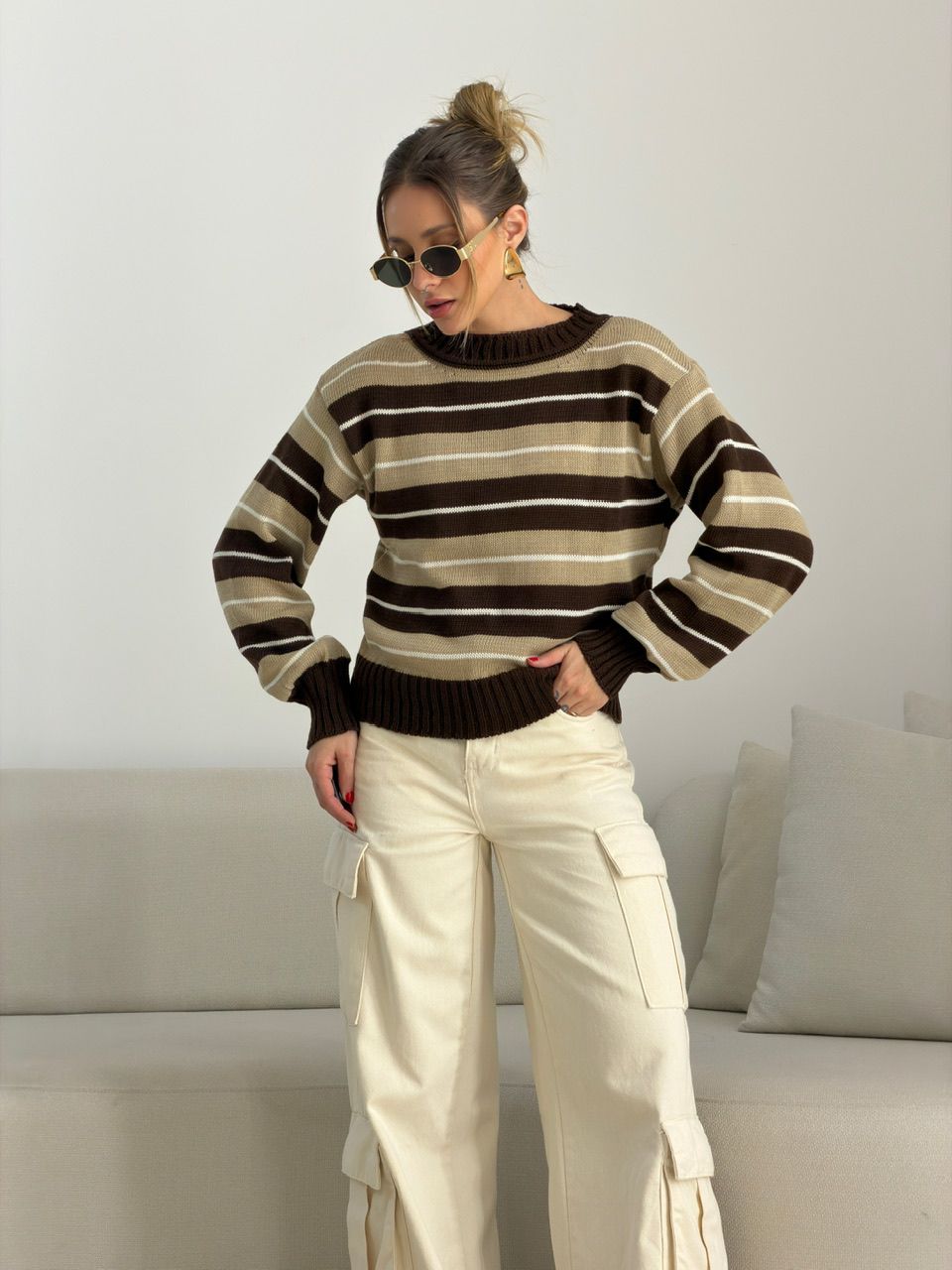 TRICOT GIANE LISTRAS MARROM/NUDE