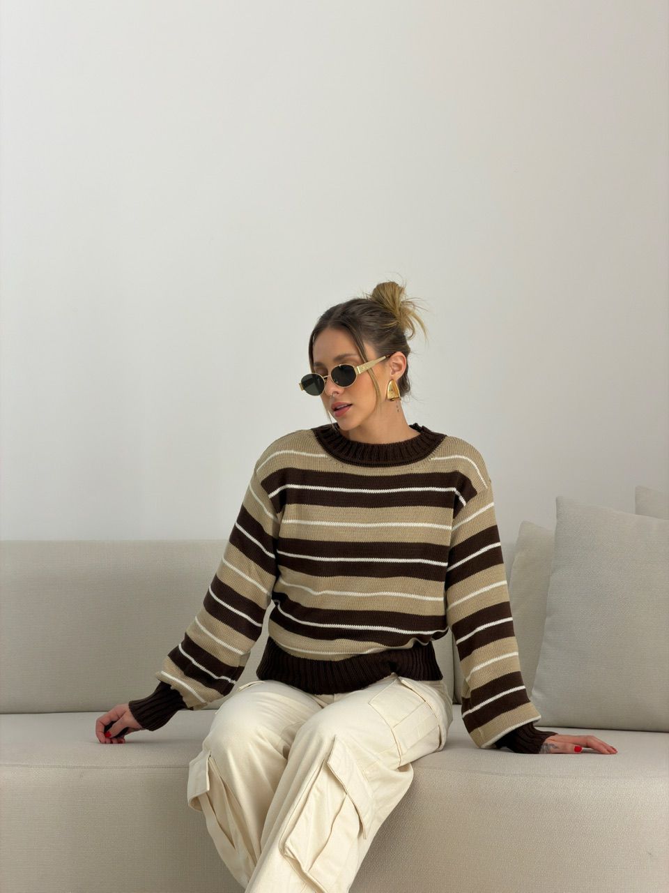 TRICOT GIANE LISTRAS MARROM/NUDE