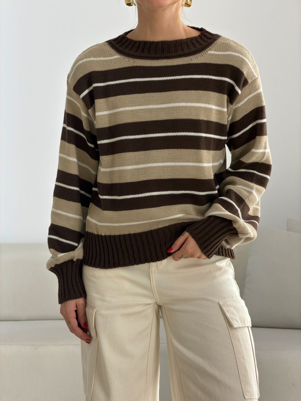 TRICOT GIANE LISTRAS MARROM/NUDE