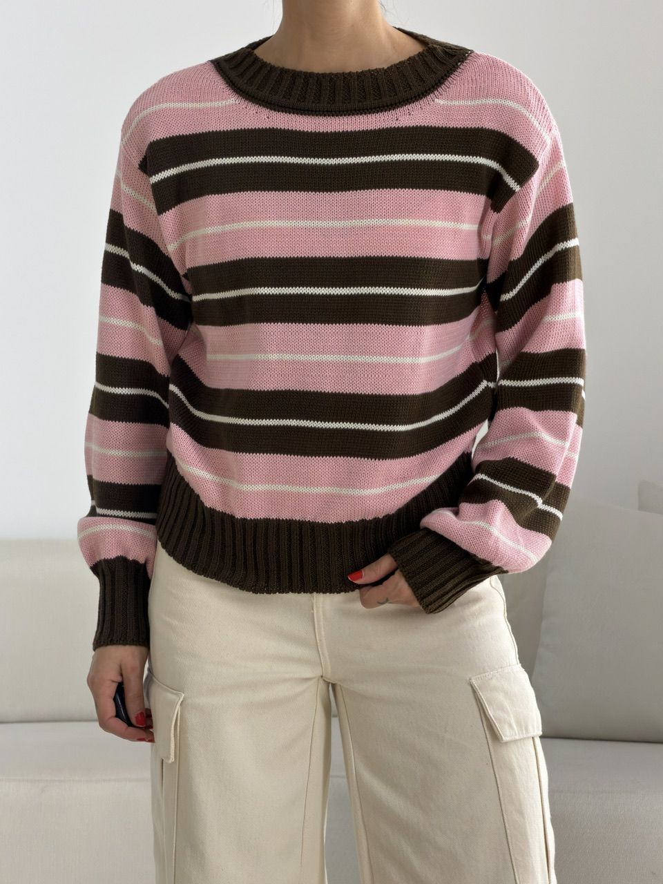 TRICOT GIANE LISTRAS MARROM/ROSA