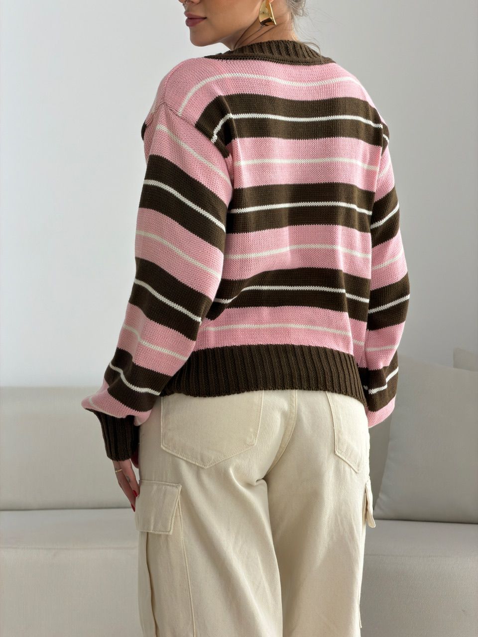 TRICOT GIANE LISTRAS MARROM/ROSA