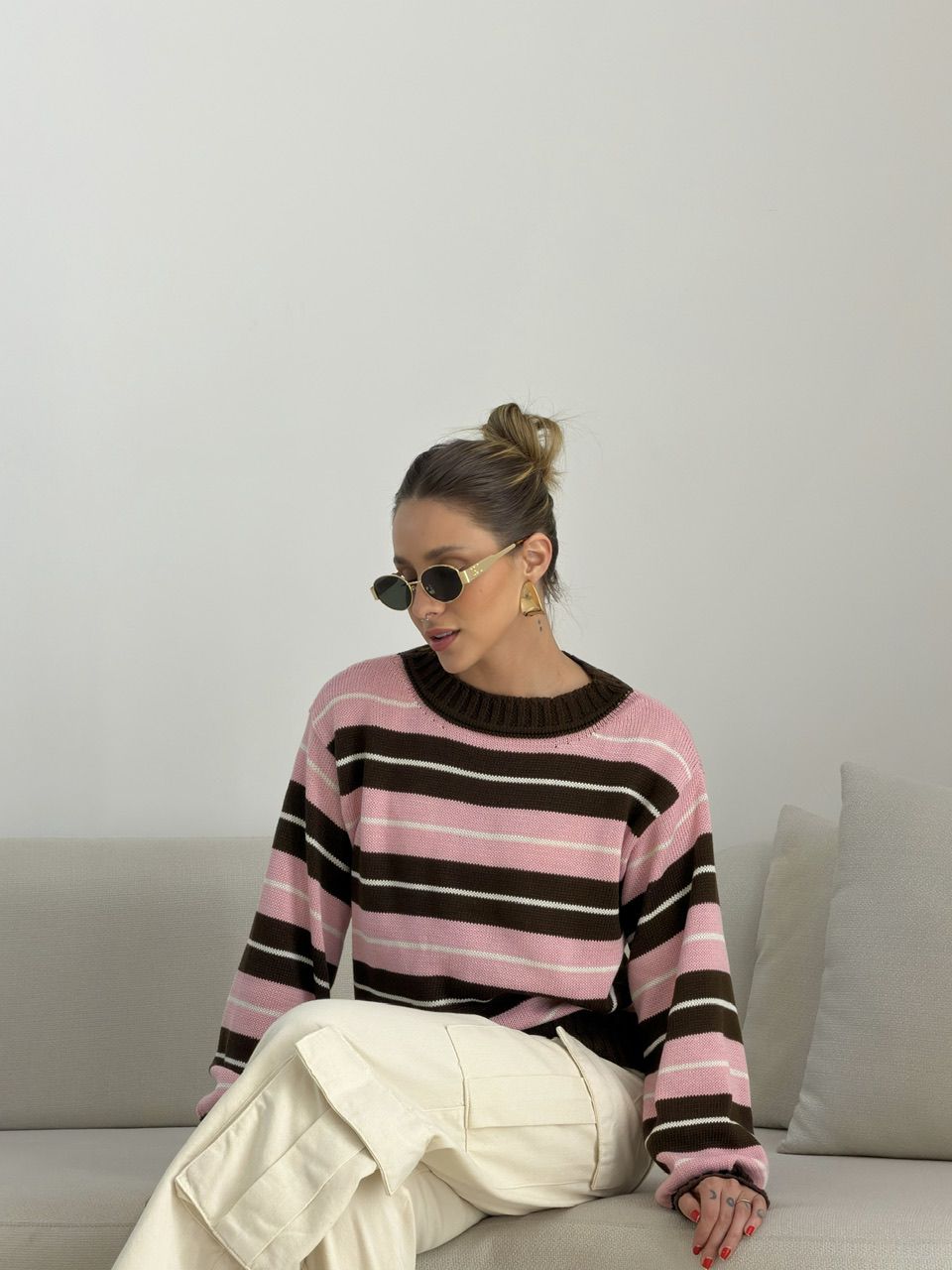 TRICOT GIANE LISTRAS MARROM/ROSA