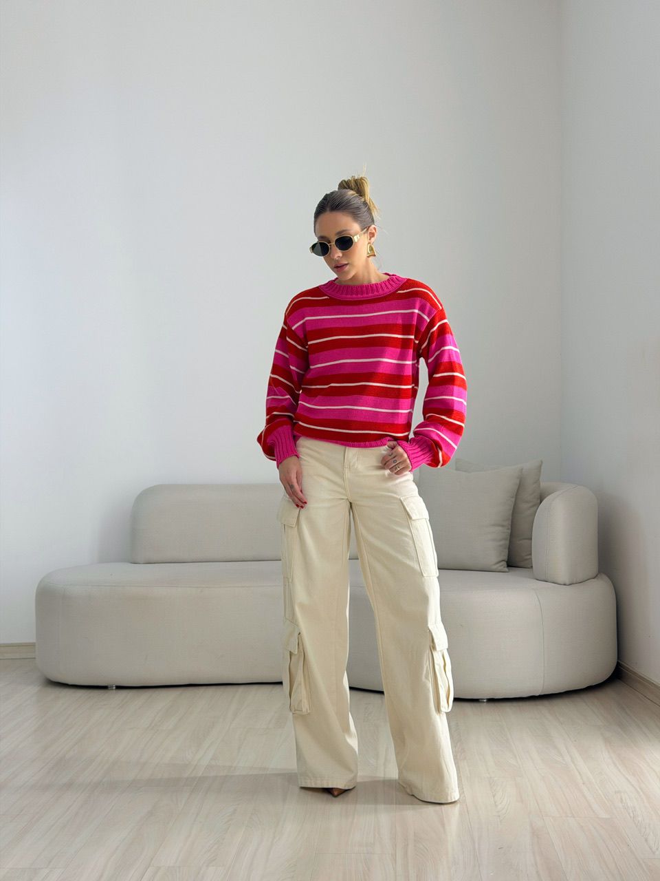 TRICOT GIANE LISTRAS VERMELHO/ROSA