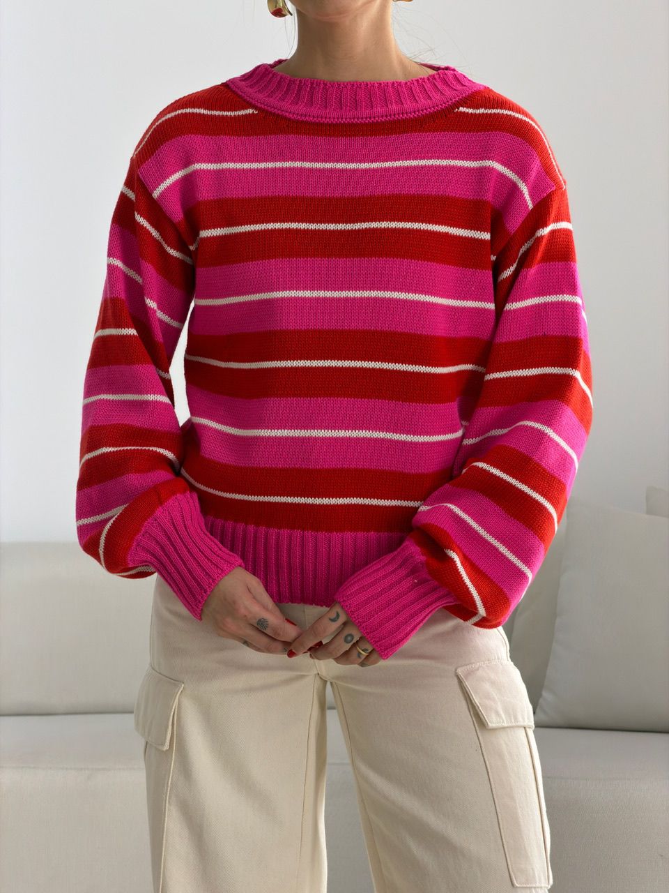 TRICOT GIANE LISTRAS VERMELHO/ROSA