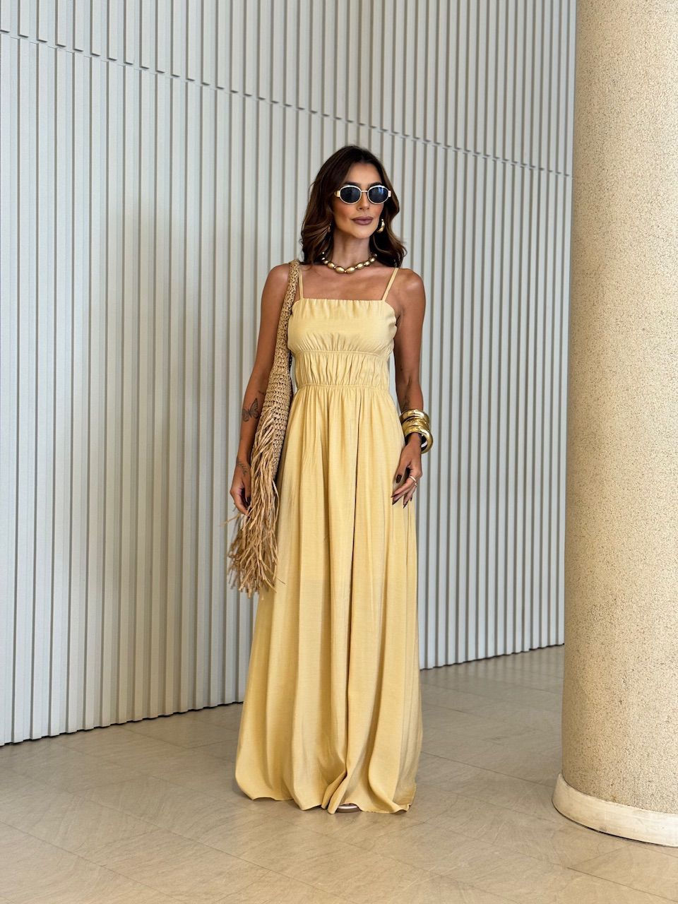 VESTIDO MIRELA ALCINHA LONGO MOSTARDA