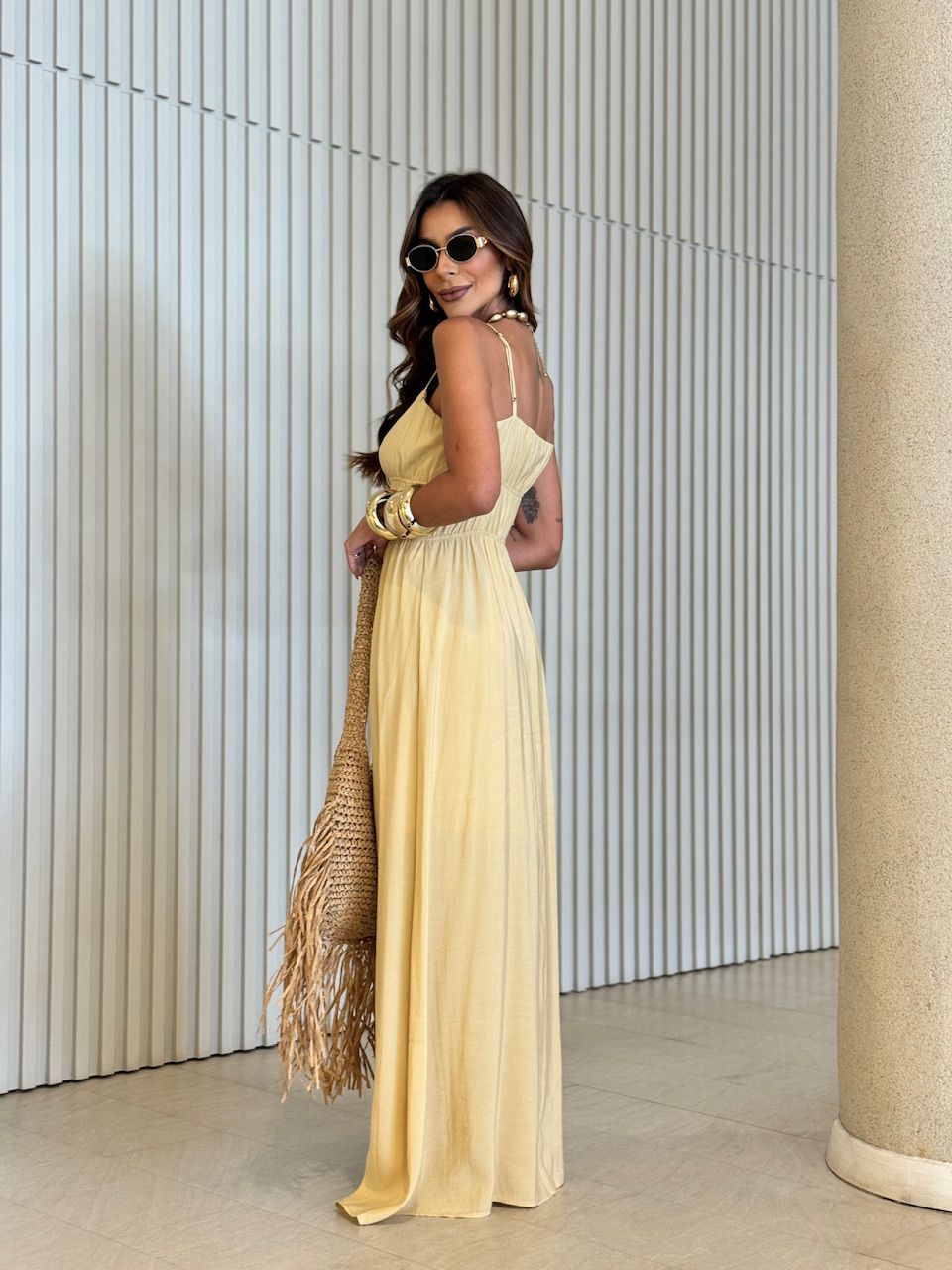 VESTIDO MIRELA ALCINHA LONGO MOSTARDA