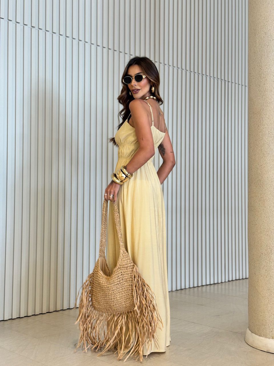 VESTIDO MIRELA ALCINHA LONGO MOSTARDA