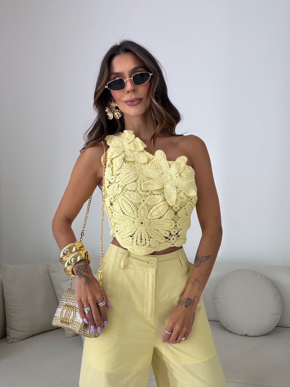 CONJUNTO ROSANGELA BLUSA CROCHÊ AMARELO