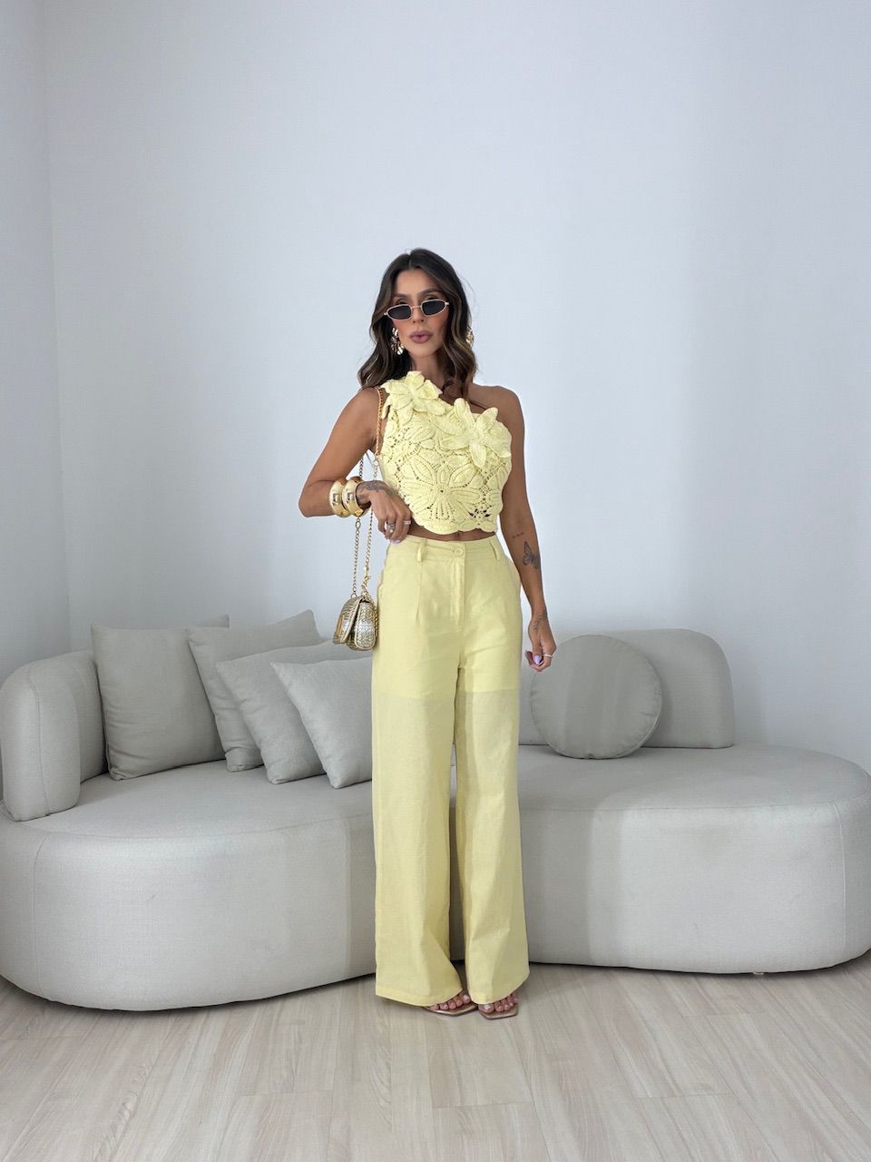 CONJUNTO ROSANGELA BLUSA CROCHÊ AMARELO