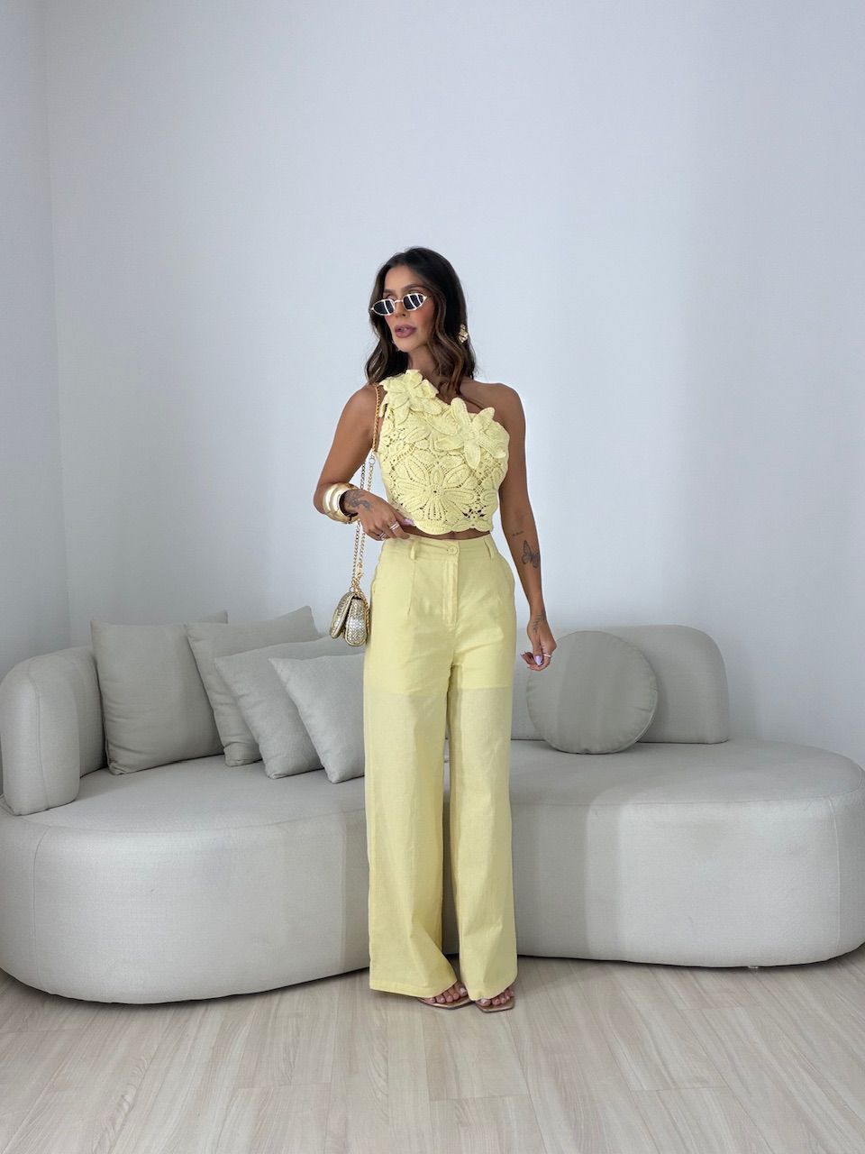 CONJUNTO ROSANGELA BLUSA CROCHÊ AMARELO