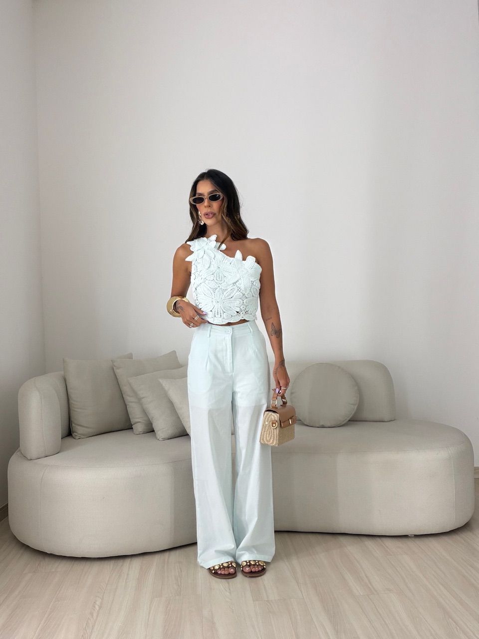 CONJUNTO ROSANGELA BLUSA CROCHÊ AZUL