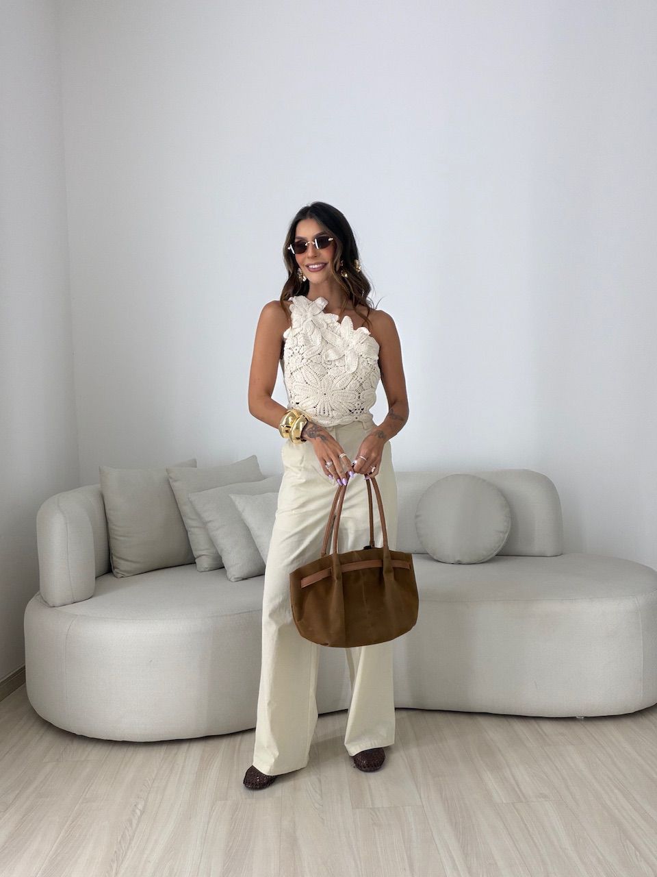 CONJUNTO ROSANGELA BLUSA CROCHÊ NUDE - 0082360049 - CAROLLA FERRARO