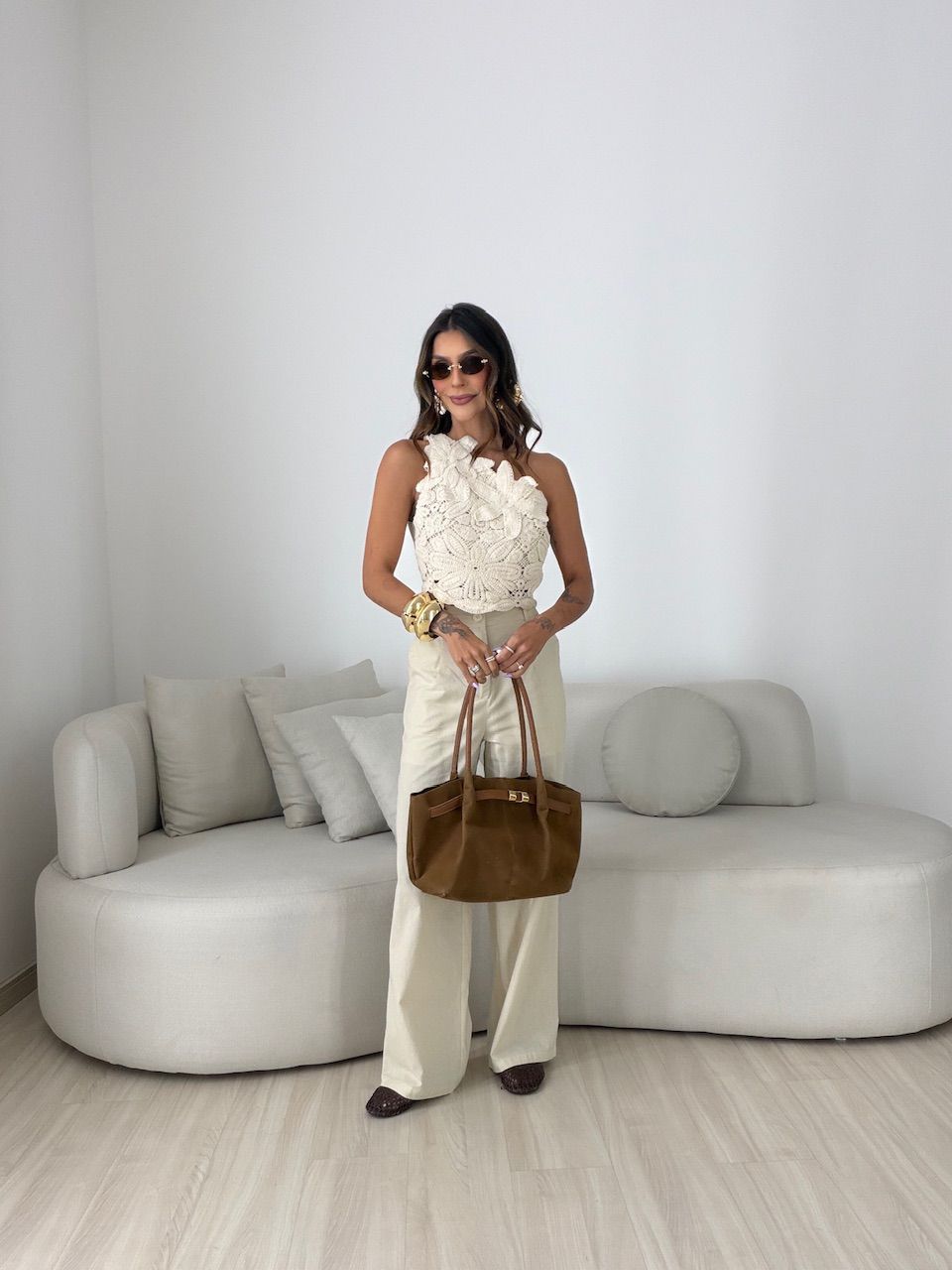 CONJUNTO ROSANGELA BLUSA CROCHÊ NUDE
