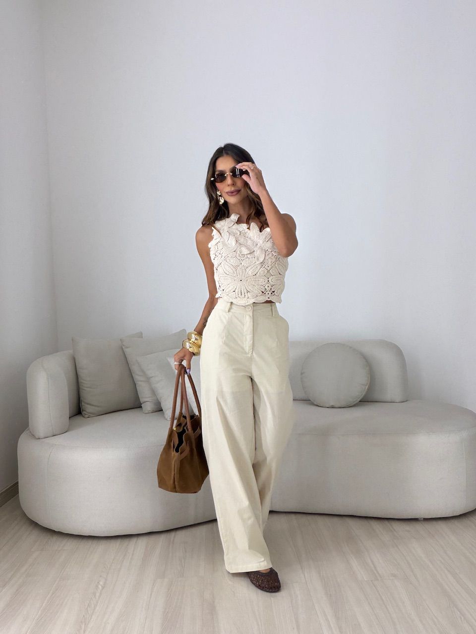 CONJUNTO ROSANGELA BLUSA CROCHÊ NUDE