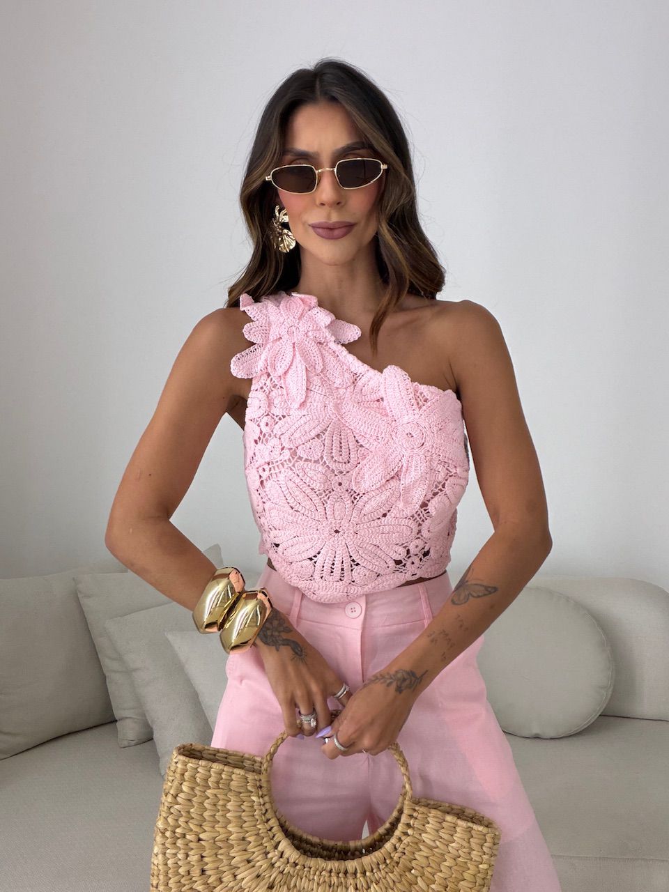 CONJUNTO ROSANGELA BLUSA CROCHÊ ROSA