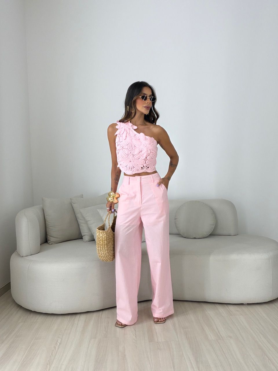 CONJUNTO ROSANGELA BLUSA CROCHÊ ROSA