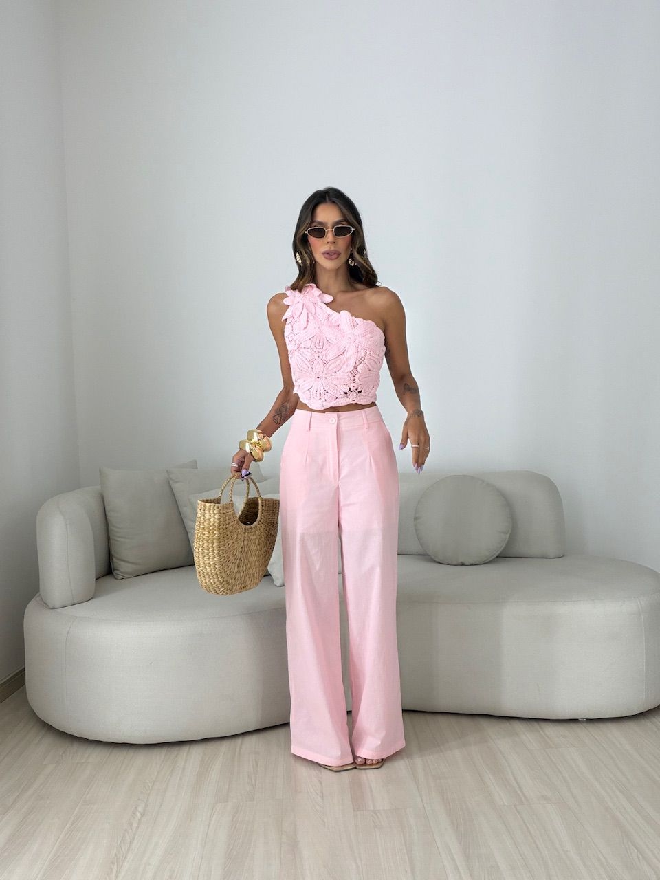 CONJUNTO ROSANGELA BLUSA CROCHÊ ROSA - 0082360031 - CAROLLA FERRARO