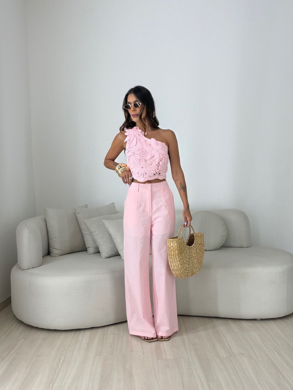 CONJUNTO ROSANGELA BLUSA CROCHÊ ROSA