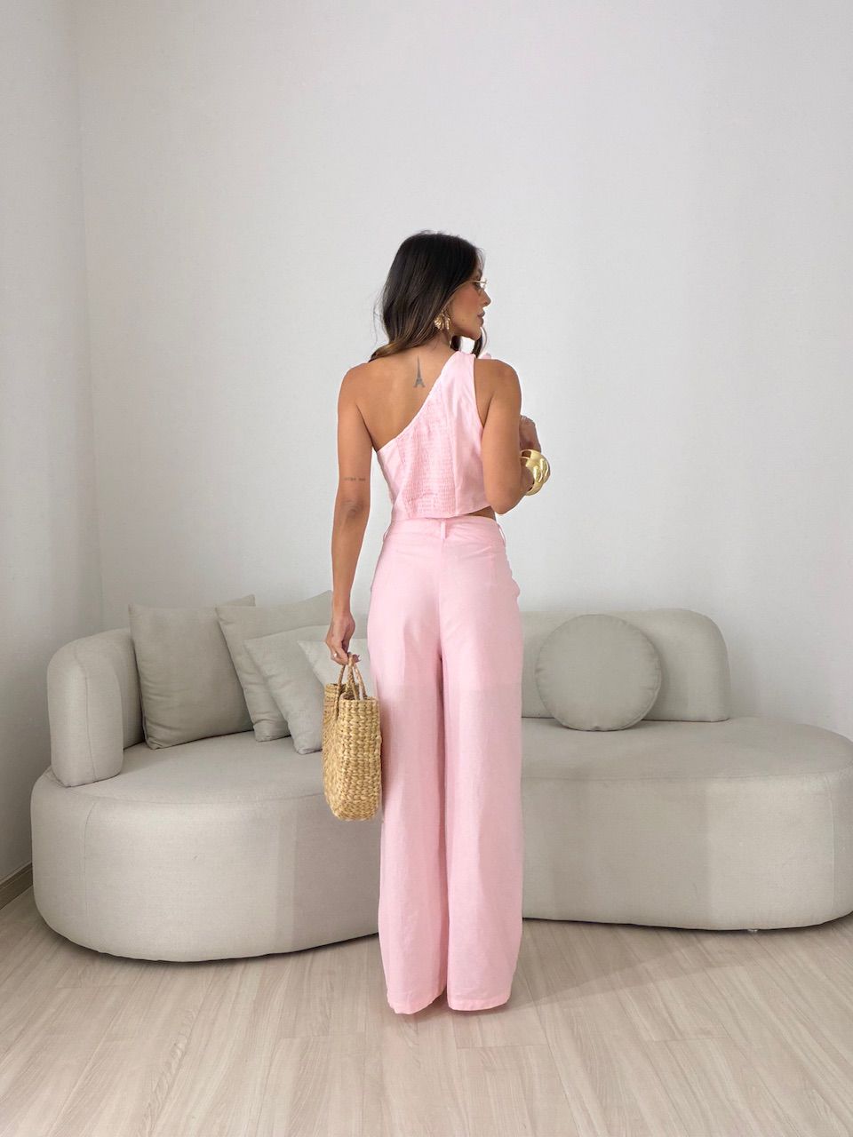 CONJUNTO ROSANGELA BLUSA CROCHÊ ROSA