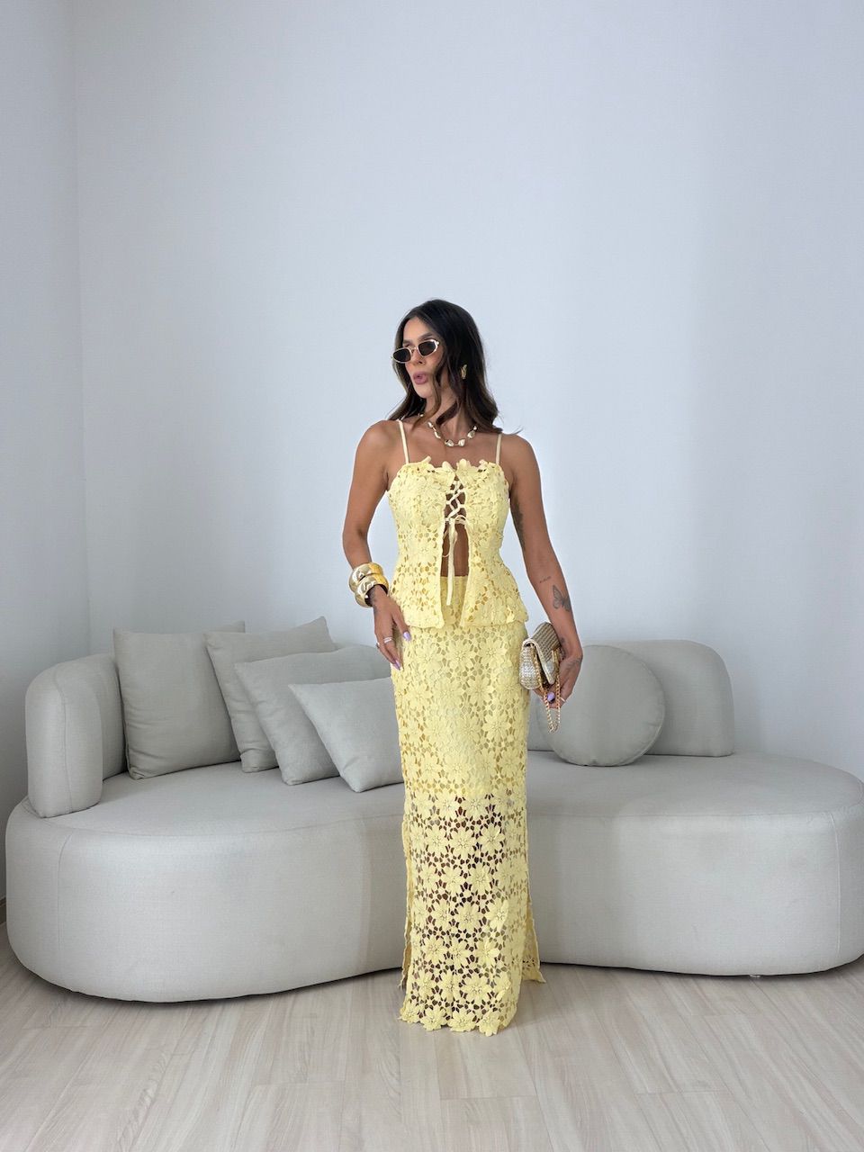 CONJUNTO SELENA SAIA LONGA AMARELO