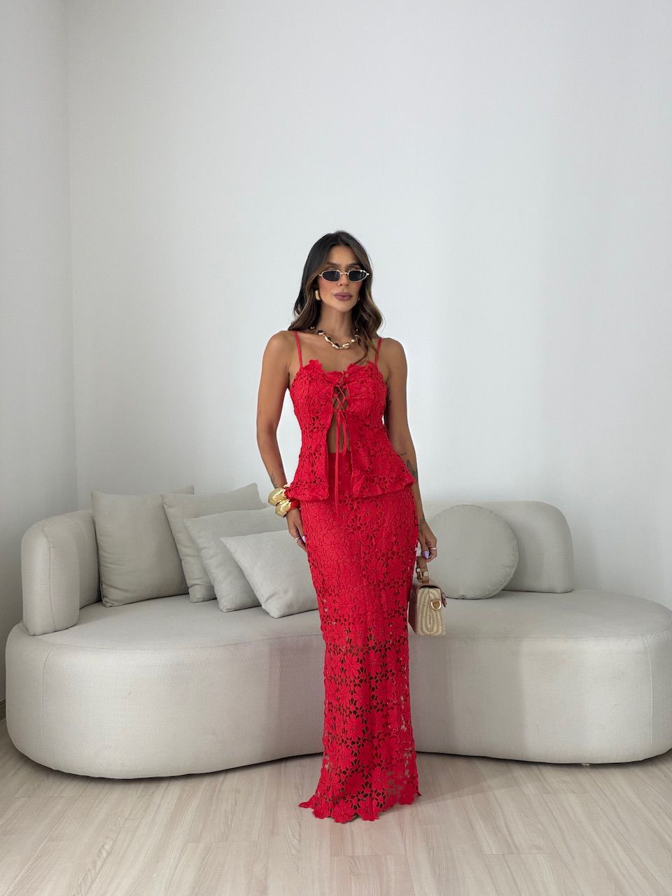 CONJUNTO SELENA SAIA LONGA VERMELHO - 0082350006 - CAROLLA FERRARO