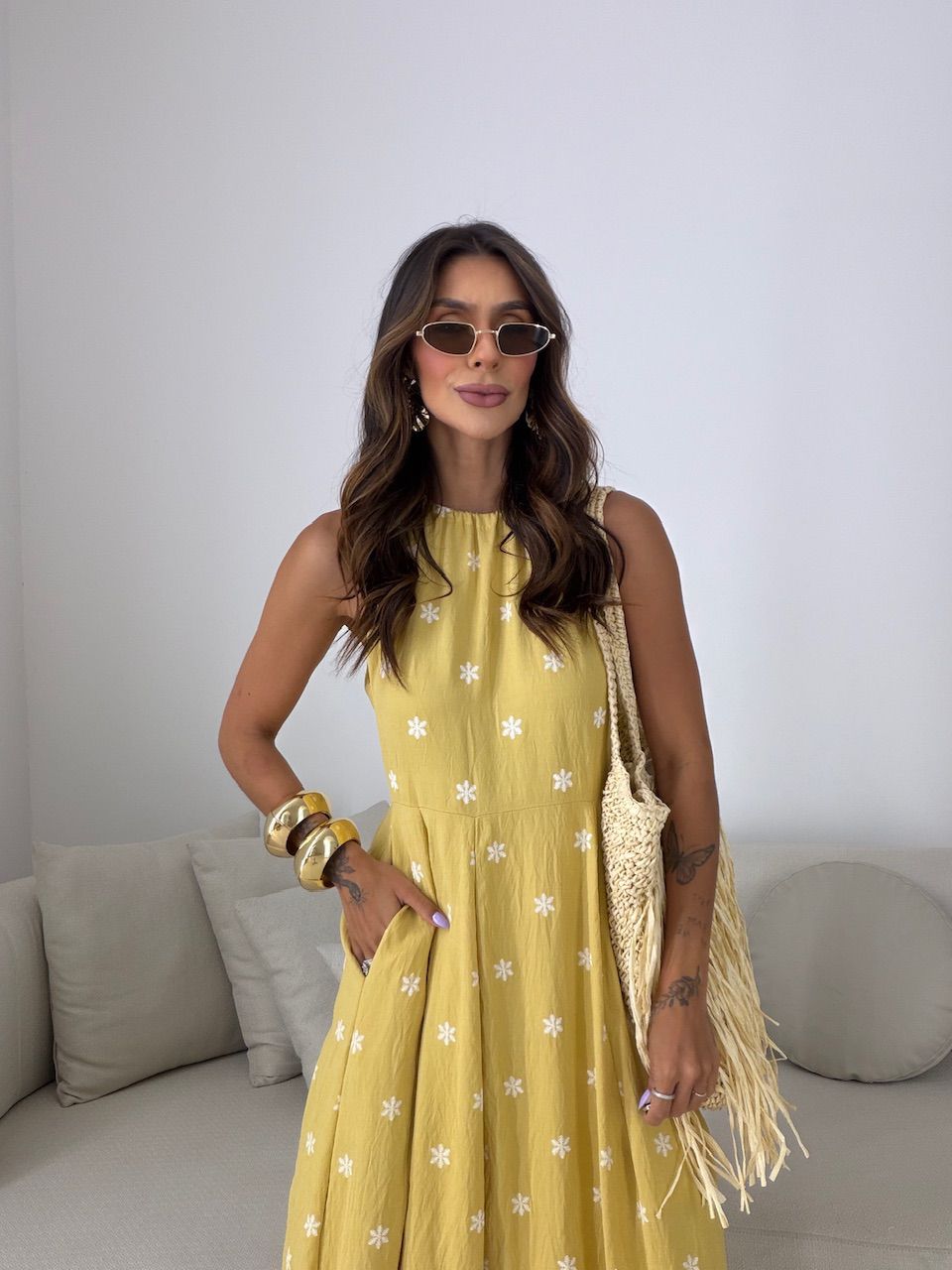 VESTIDO CÁSSIA ESTAMPADO MOSTARDA