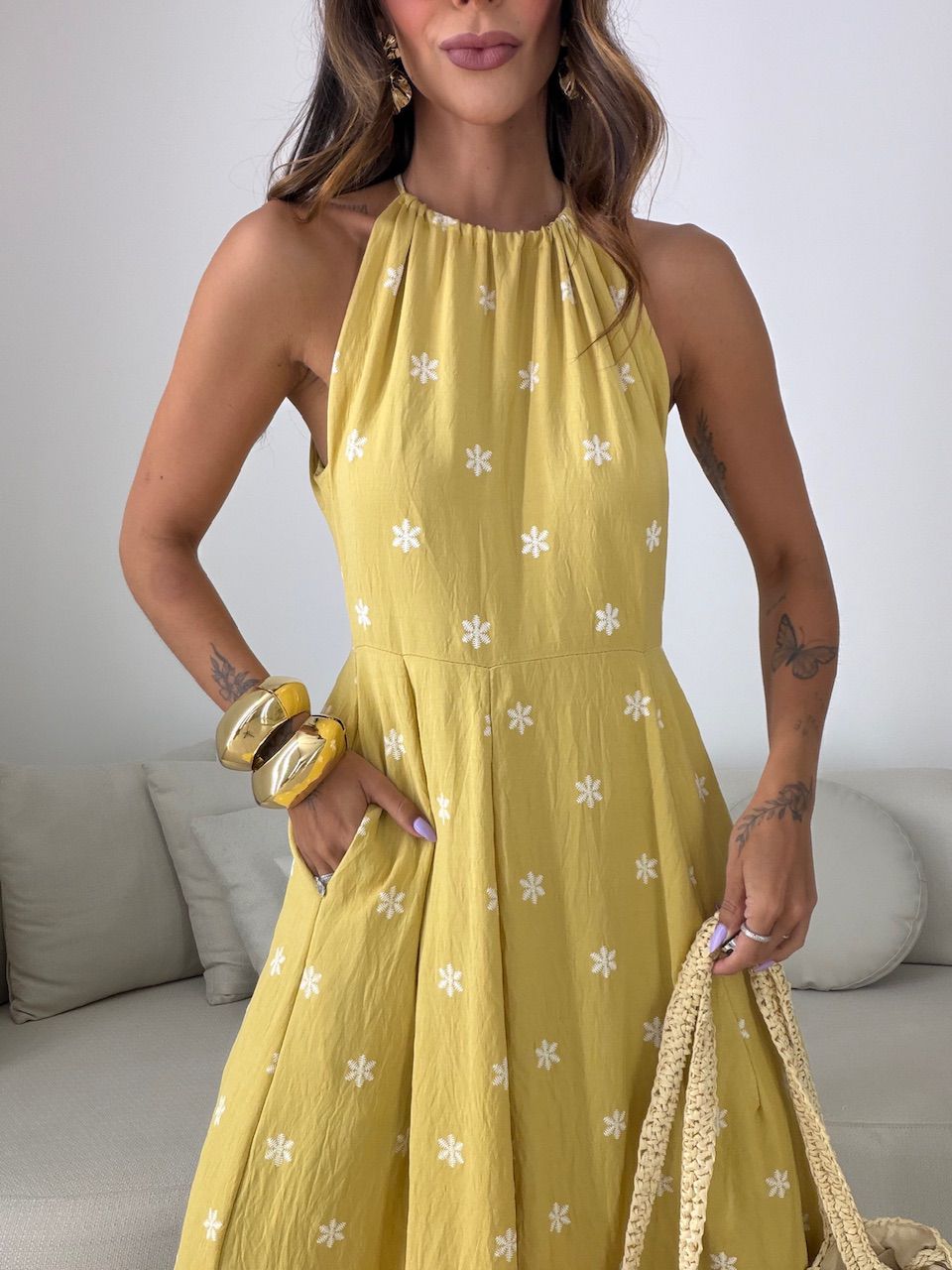 VESTIDO CÁSSIA ESTAMPADO MOSTARDA