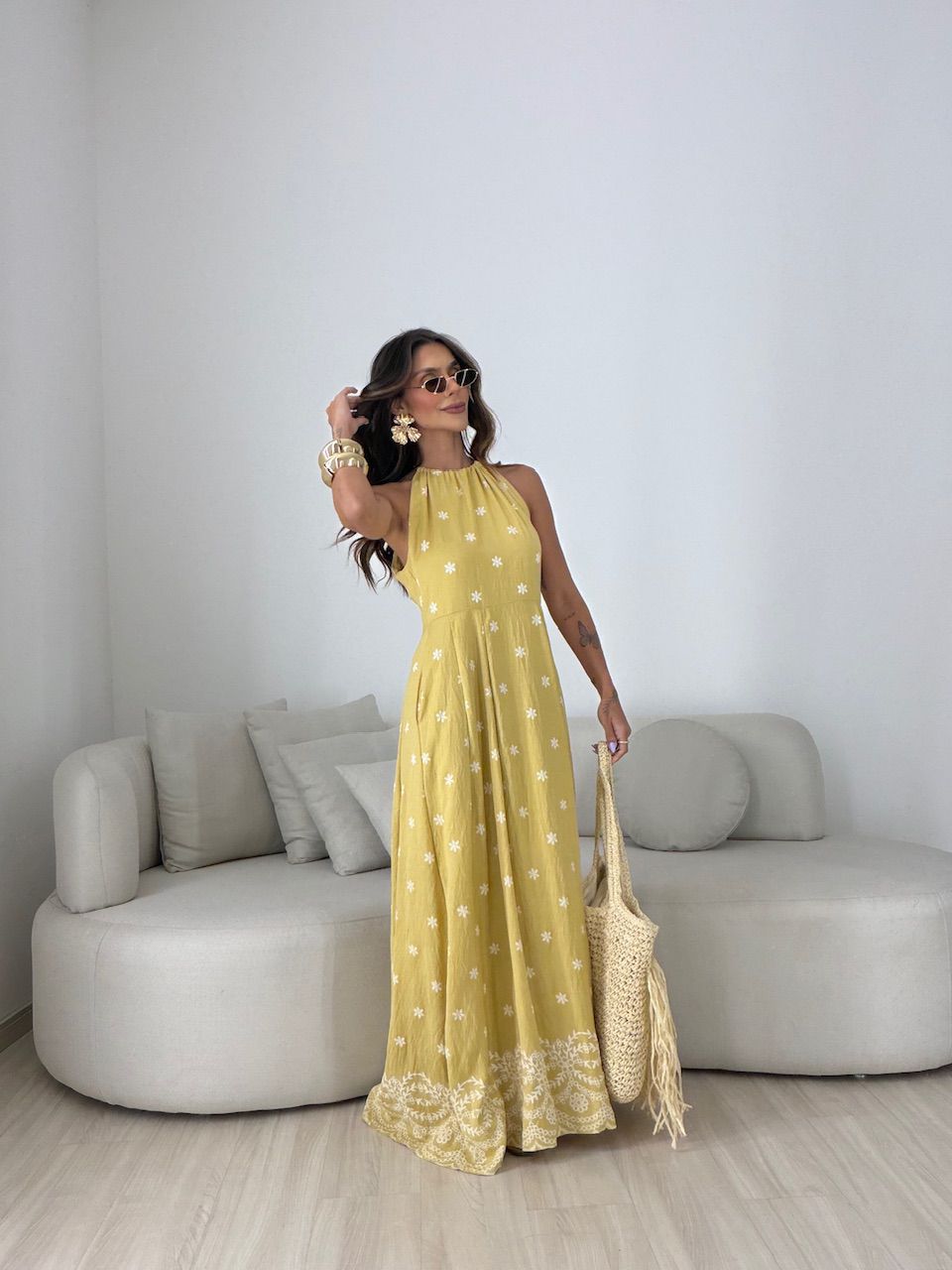 VESTIDO CÁSSIA ESTAMPADO MOSTARDA