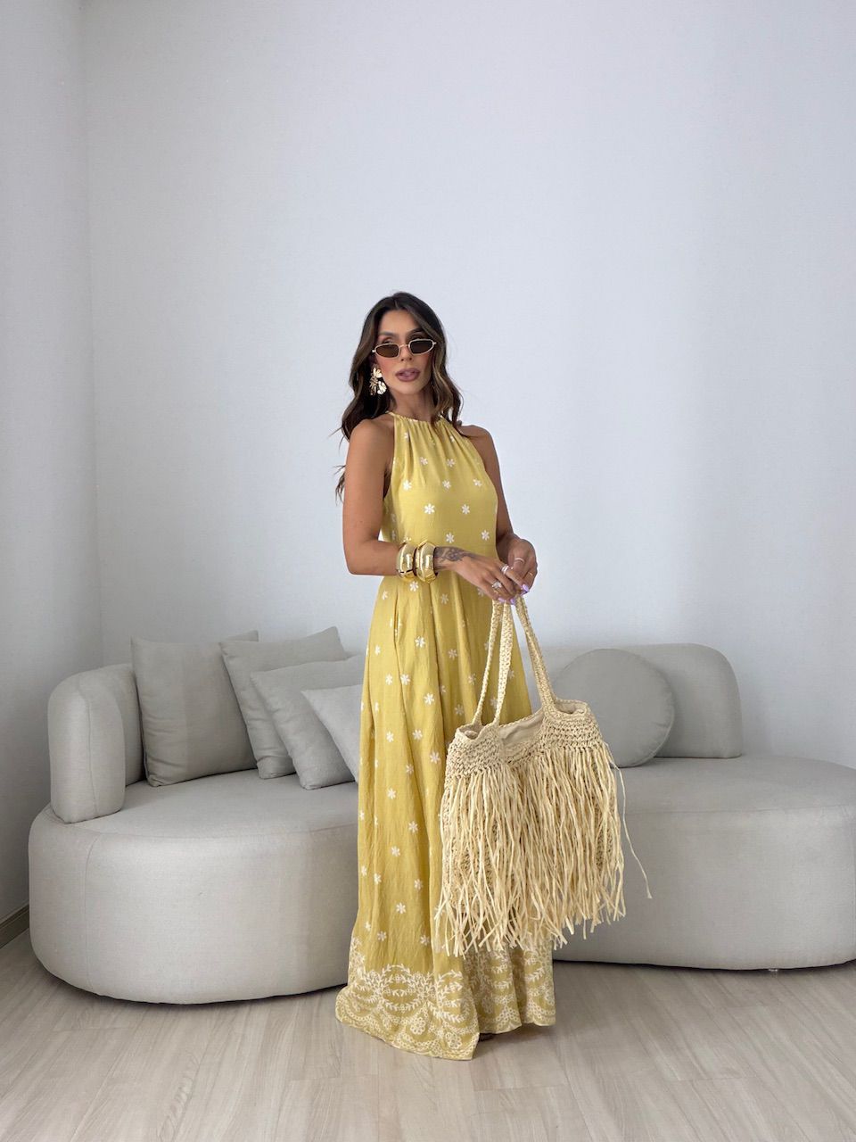VESTIDO CÁSSIA ESTAMPADO MOSTARDA