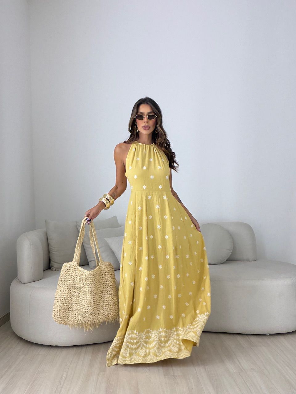 VESTIDO CÁSSIA ESTAMPADO MOSTARDA - 0082400051 - CAROLLA FERRARO