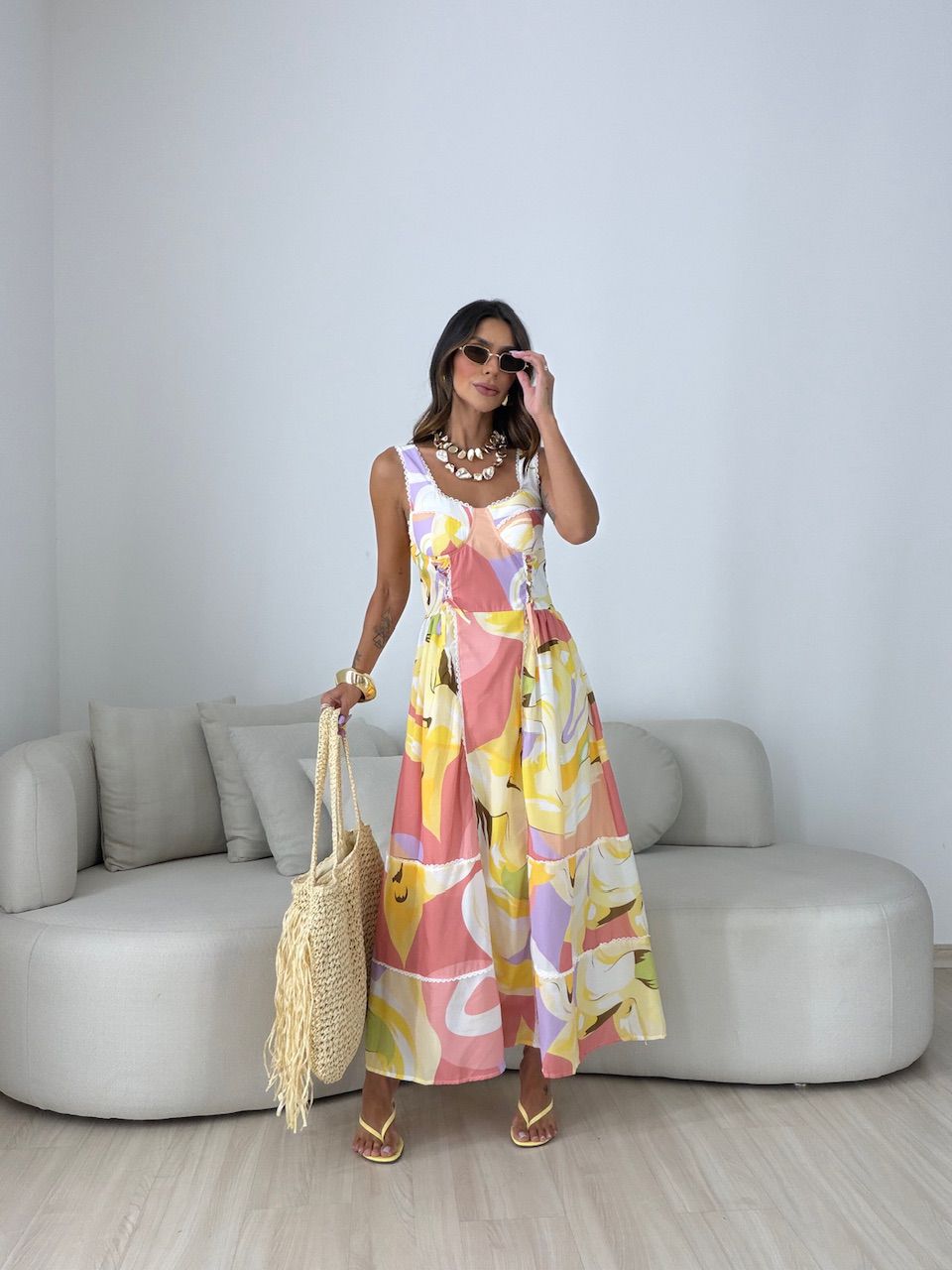 VESTIDO PENÉLOPE ESTAMPADO PÊSSEGO - 0082490039 - CAROLLA FERRARO