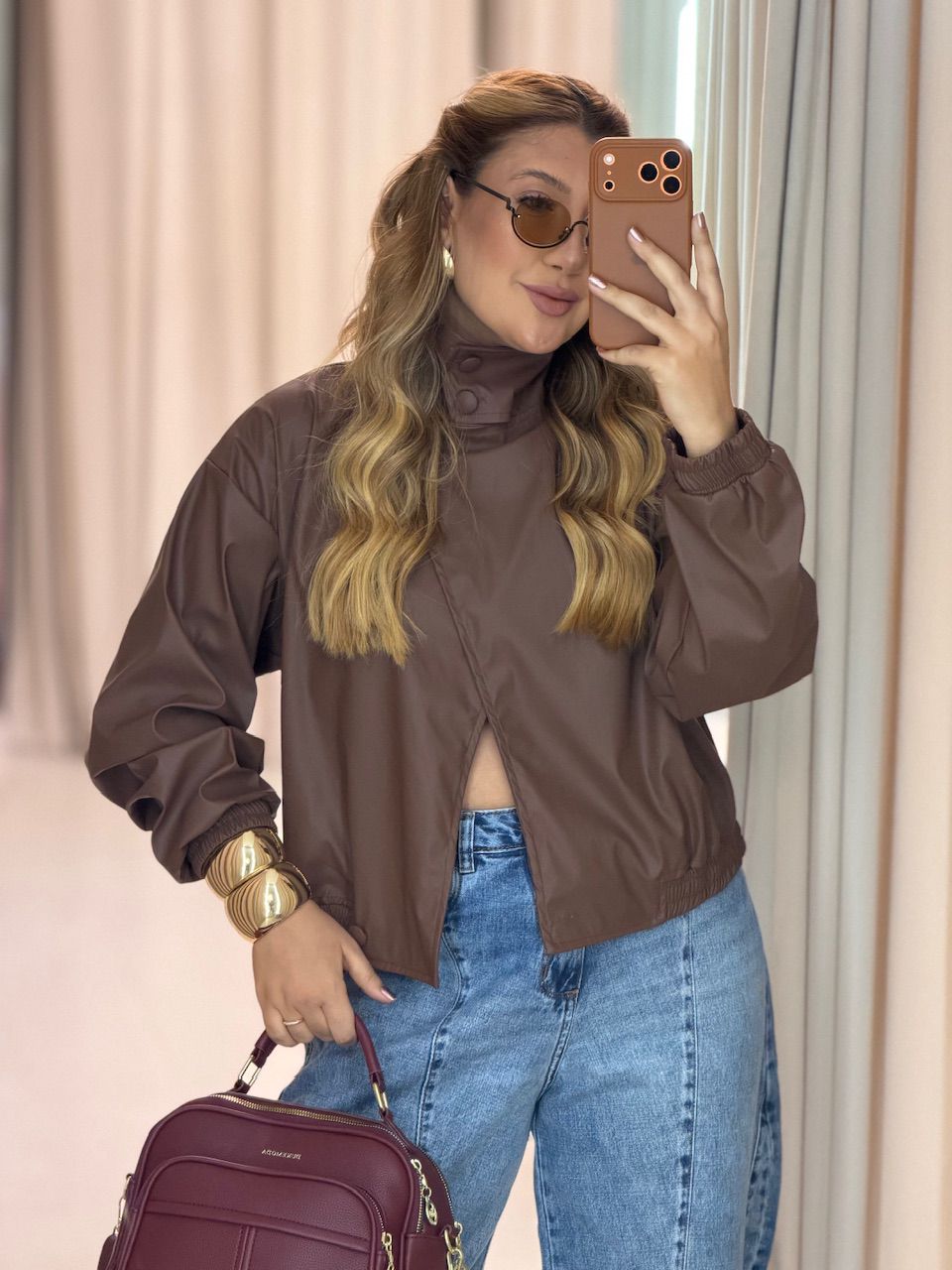 JAQUETA MARIANE COURO FAKE MARROM - 0076450054 - CAROLLA FERRARO