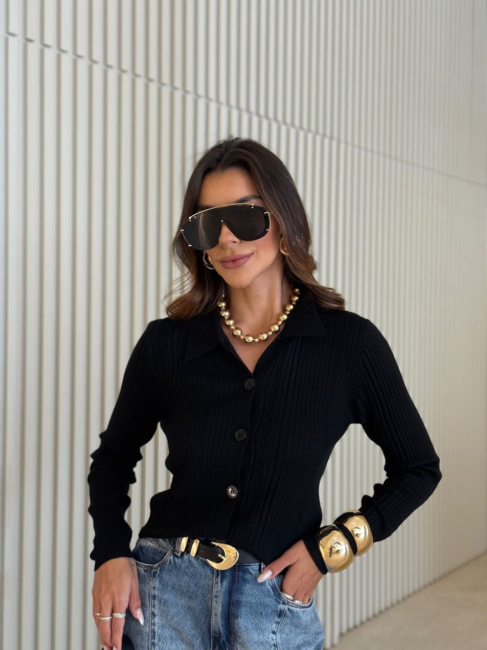 TRICOT VALQUIRIA BOTÕES PRETO - 0076640032 - CAROLLA FERRARO