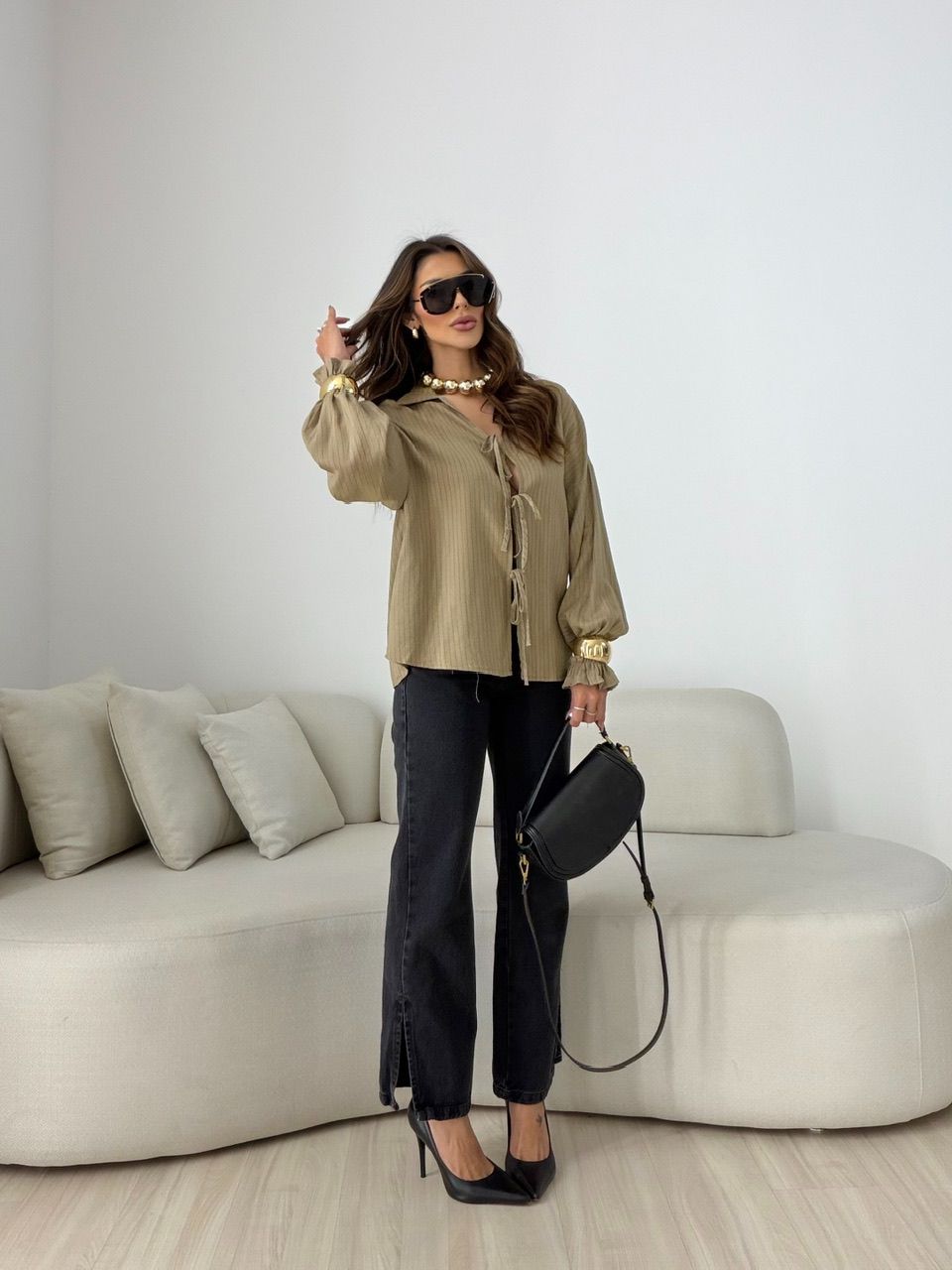 CAMISA MARIA CECÍLIA RISCA DE GIZ CAQUI