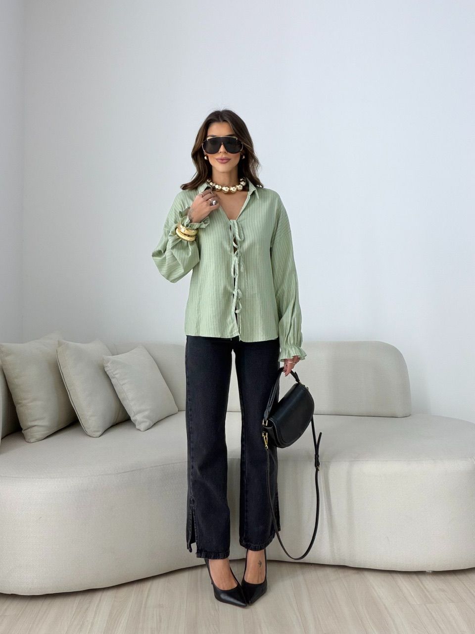 CAMISA MARIA CECÍLIA RISCA DE GIZ VERDE