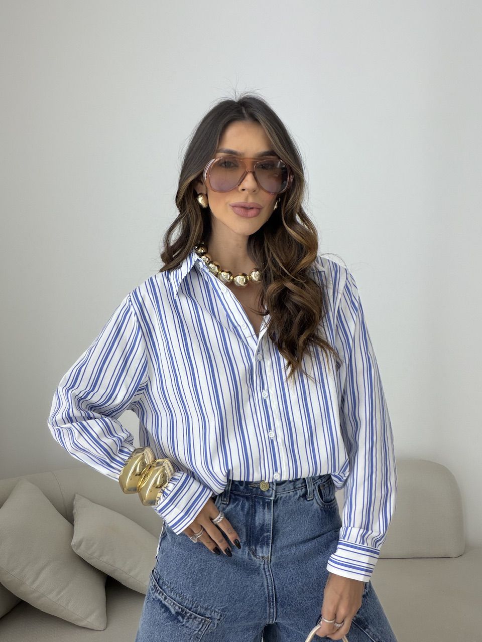 CAMISA HELENA LISTRADA AZUL - 0080270109 - CAROLLA FERRARO