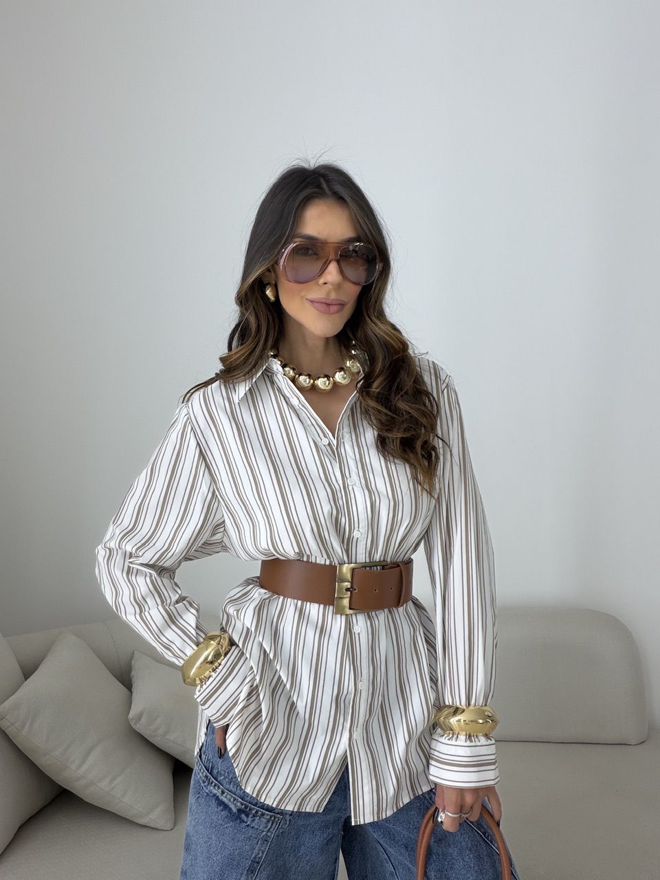 CAMISA HELENA LISTRADA MARROM - 0080270054 - CAROLLA FERRARO