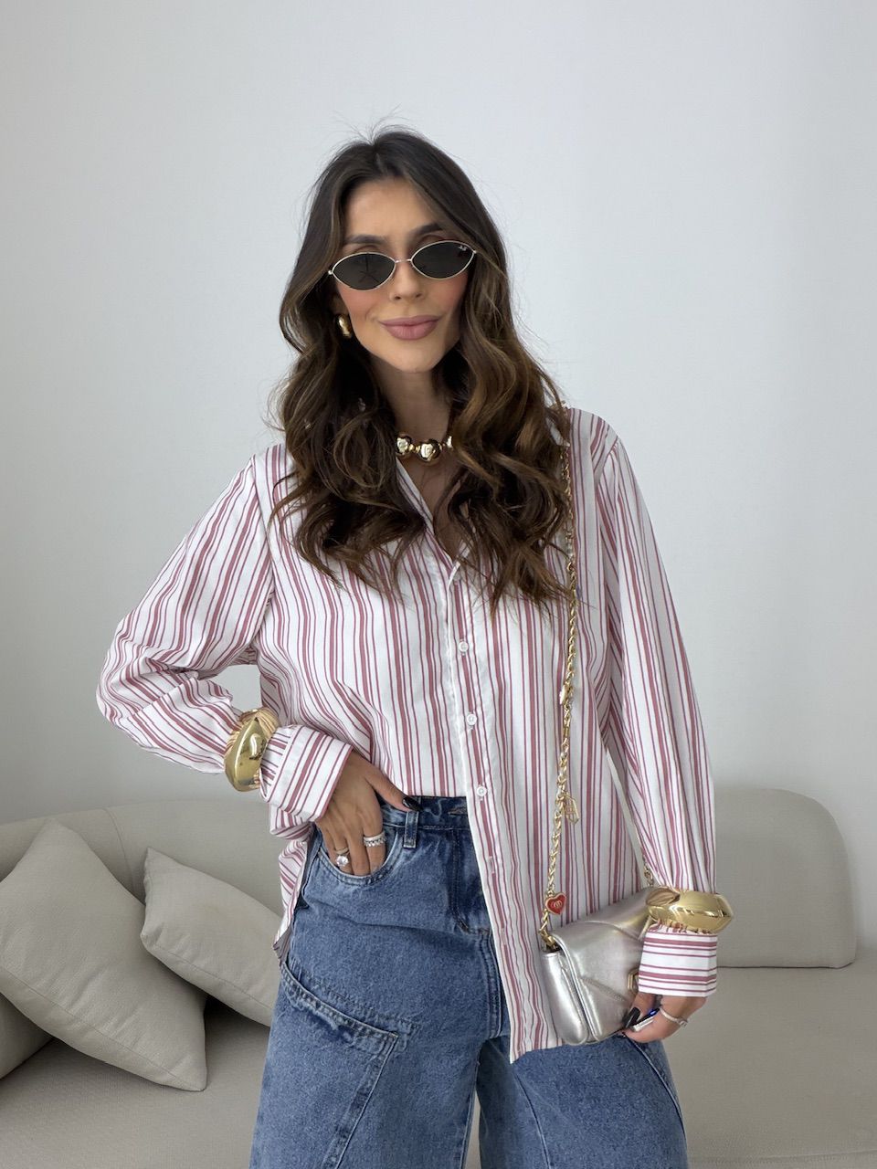 CAMISA HELENA LISTRADA ROSA - 0080270031 - CAROLLA FERRARO