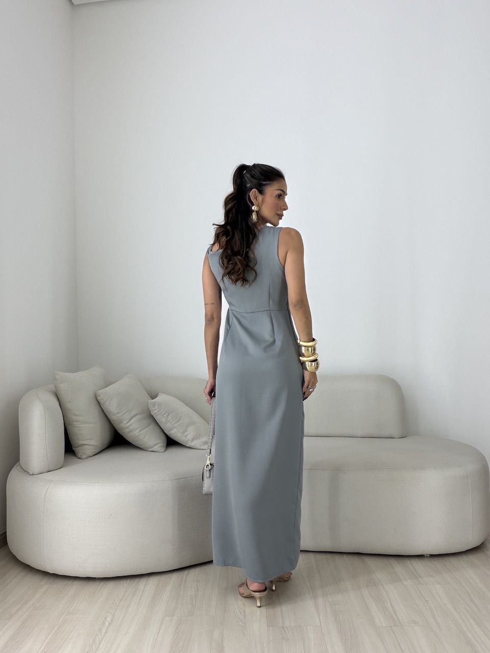 VESTIDO CAROL FENDA CINZA