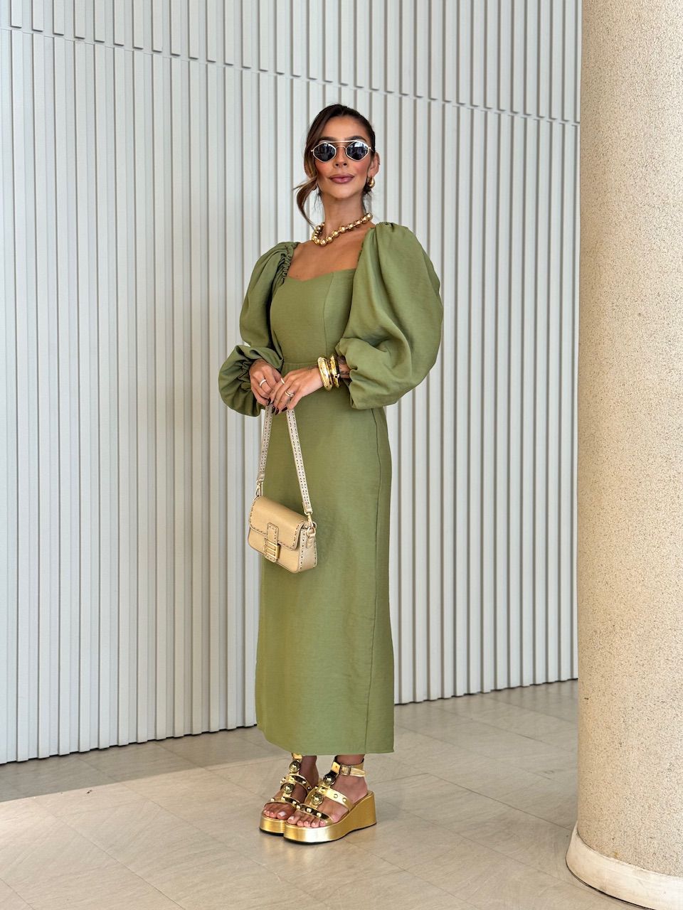 VESTIDO CF CHARLOTTE Verde Militar - 0056580009 - CAROLLA FERRARO