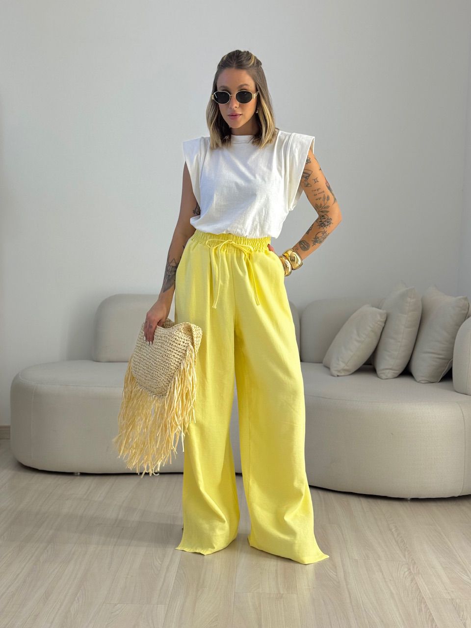 CALÇA AGNES CF LISTRAS AMARELO