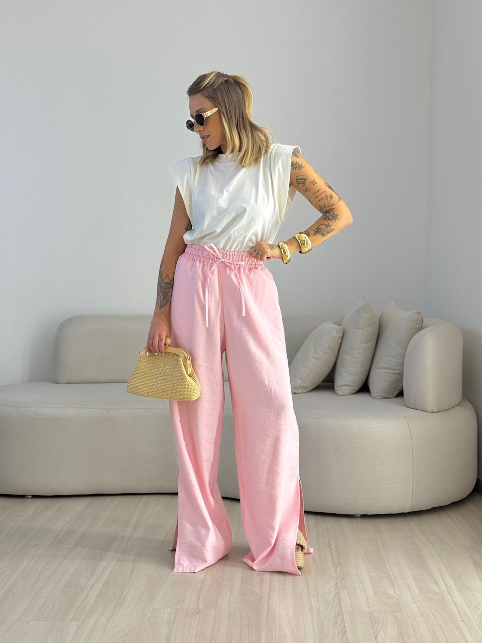 CALÇA AGNES CF LISTRAS BABY PINK