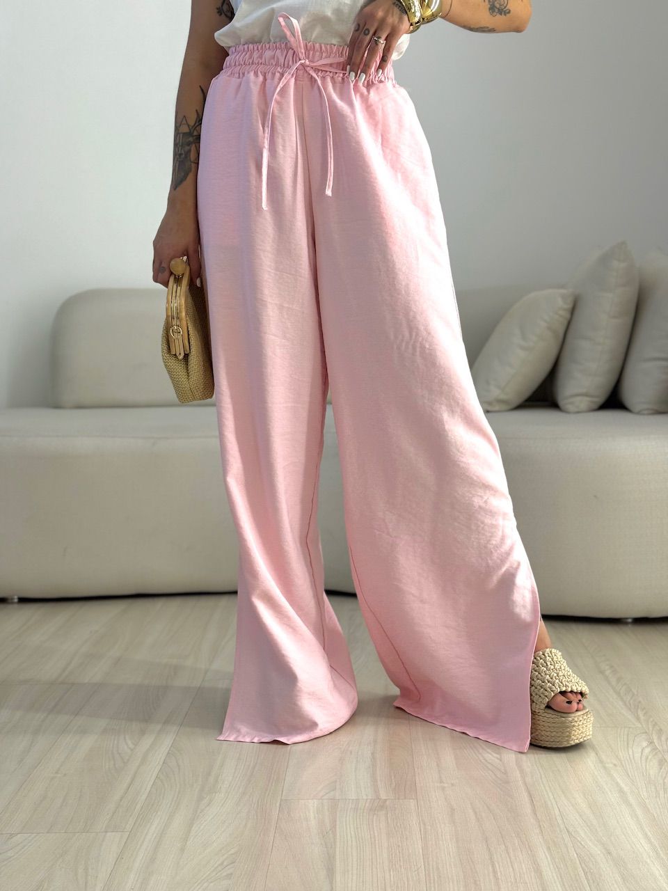 CALÇA AGNES CF LISTRAS BABY PINK - 0073340366 - CAROLLA FERRARO