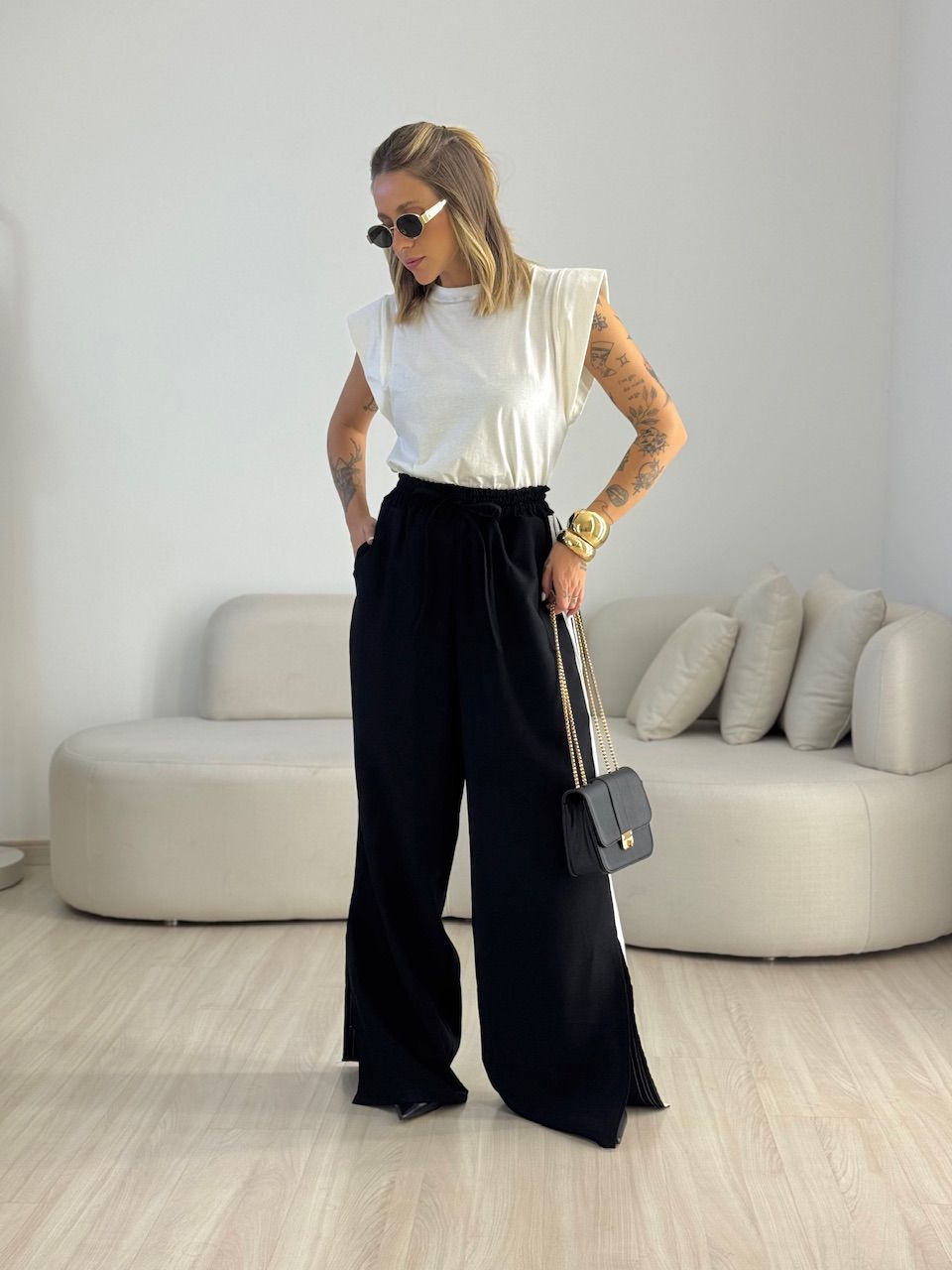 CALÇA AGNES CF LISTRAS PRETA