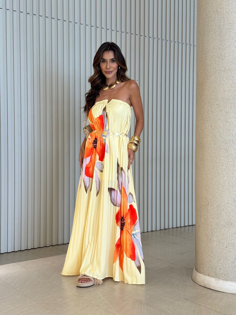 VESTIDO ELIZABETH PLISSADO ESTAMPADO AMARELO - 007... - CAROLLA FERRARO