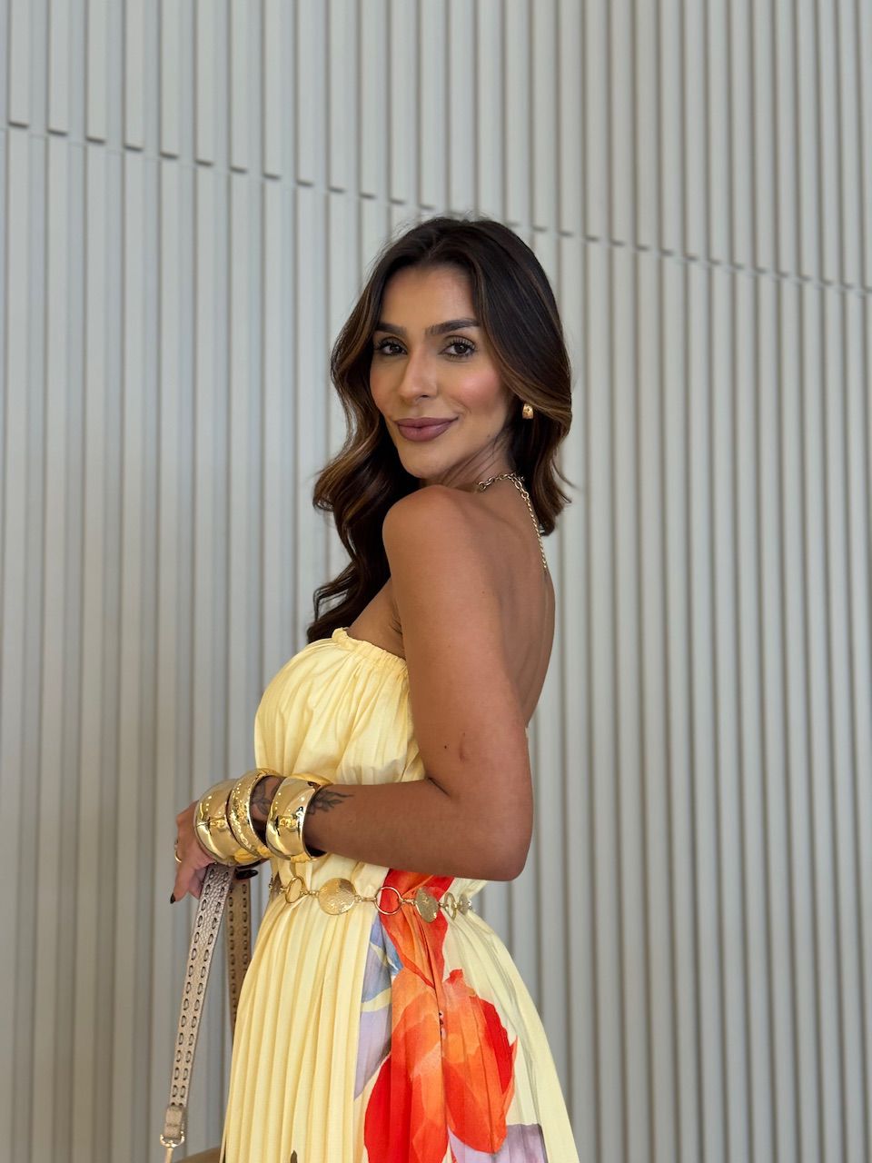 VESTIDO ELIZABETH PLISSADO ESTAMPADO AMARELO