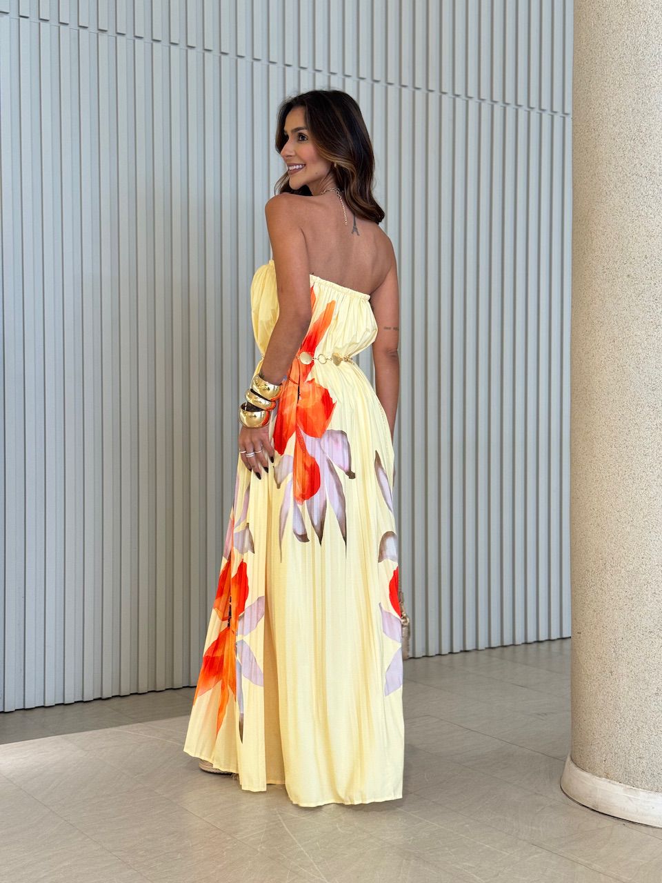 VESTIDO ELIZABETH PLISSADO ESTAMPADO AMARELO