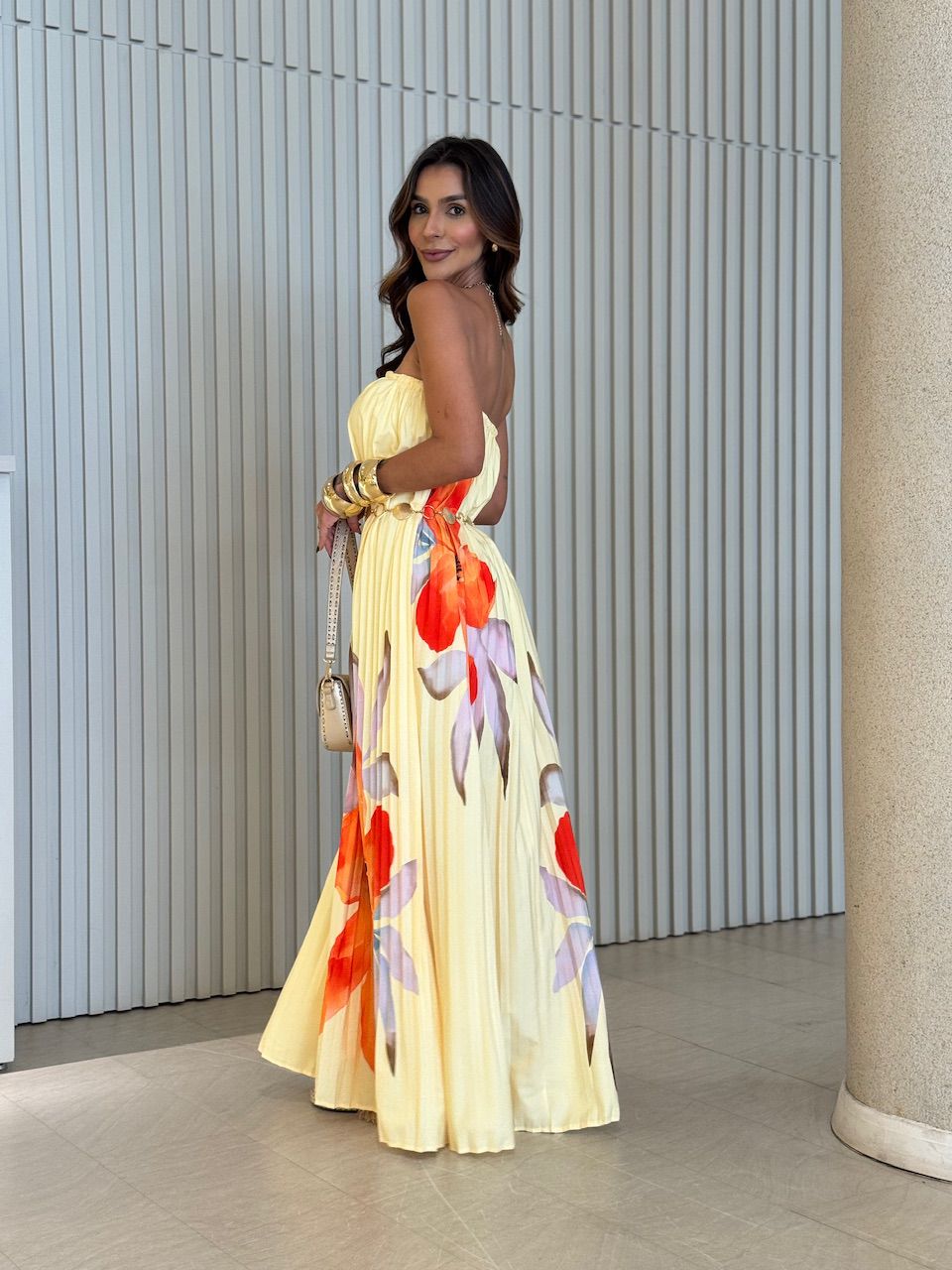 VESTIDO ELIZABETH PLISSADO ESTAMPADO AMARELO