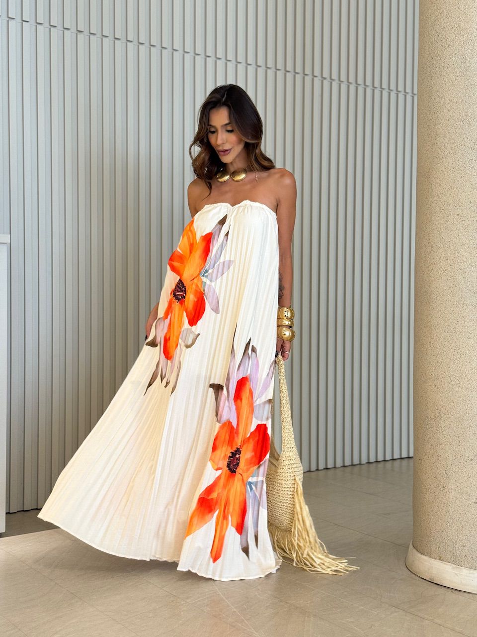 VESTIDO ELIZABETH PLISSADO ESTAMPADO MARFIM