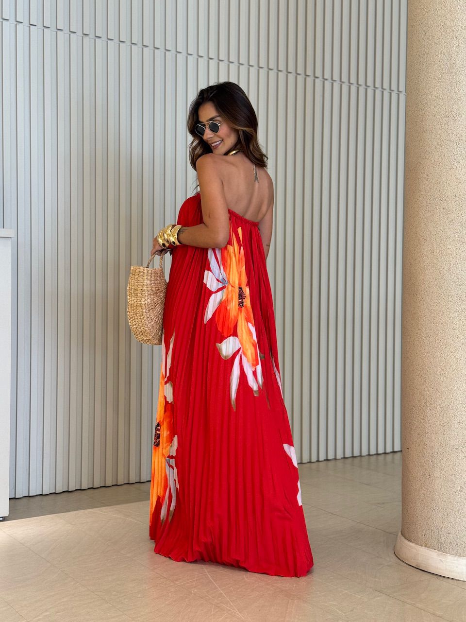 VESTIDO ELIZABETH PLISSADO ESTAMPADO VERMELHO